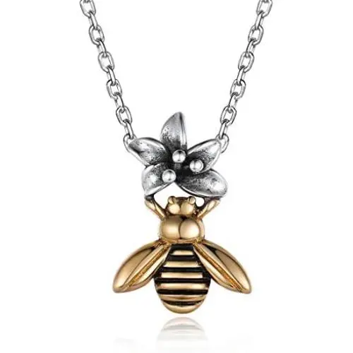 Vintage 925 Sterling Silver & Brass Cute Bee Flower Pendant Necklace Animal Jewelry for Women Girls Vintage 925 Sterling Silver & Brass Cute Bee Flower Pendant Necklace Animal Jewelry for Women Girls