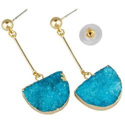 SUNYIK Womens Crystal Geode Druzy Quartz Dangle Earrings Gold Plated, Half Round
