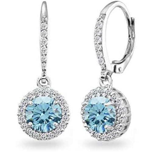 Sterling Silver Round Halo Dangle Leverback Earrings Made with Swarovski Crystals