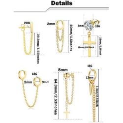 Ofeiyaa 6 Pairs Stainless Steel Small Hoop Chain Earrings Cross Dangle Hinged Hoop Earrings for Women Girls Men CZ Stud Earrings Huggie Helix Cartilage Tragus Daith Piercing Silver Gold Tone