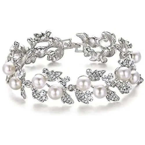 EVER FAITH Bridal Silver-Tone Simulated Pearl Flower Leaf Clear Austrian Crystal Bracelet EVER FAITH Bridal Silver-Tone Simulated Pearl Flower Leaf Clear Austrian Crystal Bracelet