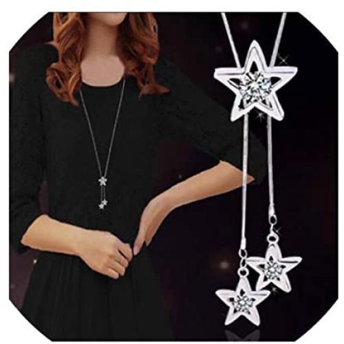 QIAN0813 Charm Triple Crystal Star Long Sweater Chain Necklace Fine Jewelry Crystals Women Red Pearl Cross Tassel Necklace
