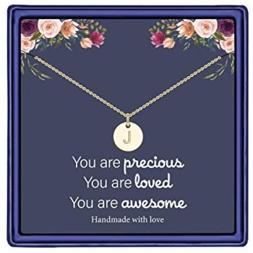Disc Initial Necklaces for Women Girls, 14K Gold Filled Dainty Round Disc Double Side Engraved Hammered Initial Necklace Personalized Letter Pendant Initial Necklaces Jewelry Gifts for Women Girls