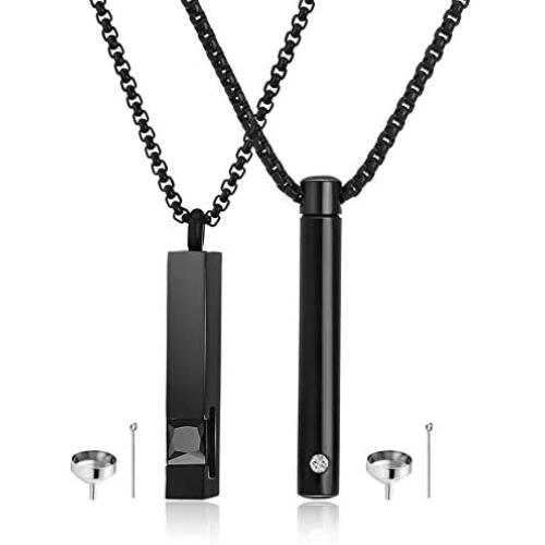 2 Pcs Urn Necklaces for Ashes Memorial Cremation Urn Necklace Stainless Steel Black Silver Tone Bar Pendant Necklace Ashes Keepsake Jewelry With Cubic Zirconia