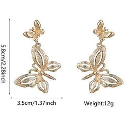 Fashion Alloy Double Butterfly Earrings Jewelry Boho Retro Ethnic Golden Exaggerated Size Butterfly Ear Hook Studs Women 2pcs