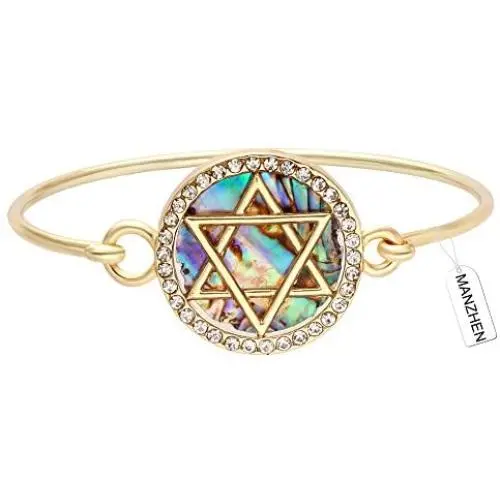 MANZHEN Jewish Charm Star of David Abalone Shell Wire Openable Crystal Bangle Bracelet MANZHEN Jewish Charm Star of David Abalone Shell Wire Openable Crystal Bangle Bracelet