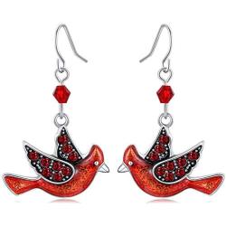 Fun Cardinal jewelry Red Bird Dangle Earrings Silver Plated Dangling Christmas Earrings Gifts Holiday Party Decorations with Message Card & Velvet Bag