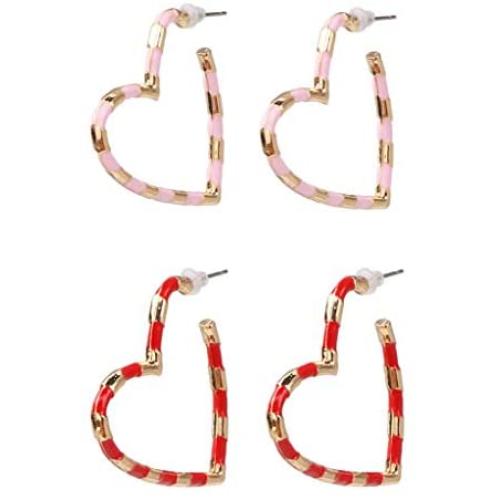 2 Pairs Heart Shaped Hoop Earrings Hollow Colorful Enamel Stripe Statement Dangle Earrings Fashion Loop Earrings for Women Girls Party Jewelry