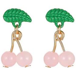 Cute Fruit Green Leaf Red Cherry Drop Dangle Stud Earrings Sweety Jewelry for Women Teen Girls Party Everyday Wear