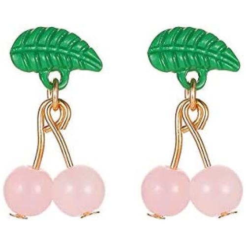 Cute Fruit Green Leaf Red Cherry Drop Dangle Stud Earrings Sweety Jewelry for Women Teen Girls Party Everyday Wear