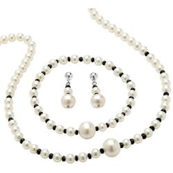 Sterling Silver Round Genuine Blue Sapphire and Cultured Freshwater Pearl Beaded 3 Piece Set Strand Necklace (8mm), 18 i