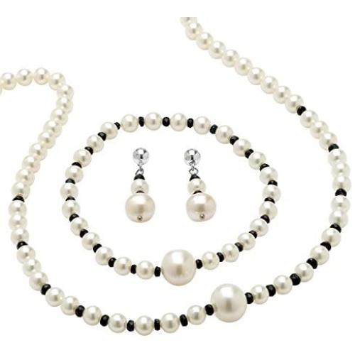 Sterling Silver Round Genuine Blue Sapphire and Cultured Freshwater Pearl Beaded 3 Piece Set Strand Necklace (8mm), 18 i