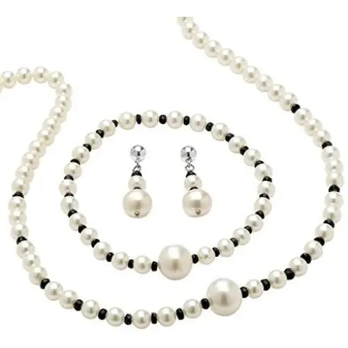 Sterling Silver Round Genuine Blue Sapphire and Cultured Freshwater Pearl Beaded 3 Piece Set Strand Necklace (8mm), 18 i