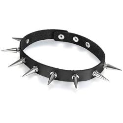 Flongo Gothic Black Rivet Leather Spiked Necklace Neckband Choker, Unisex Spike Studded Punk Rock Biker Wide Strap Leather Collar Necklace, Rivets Spiked Accent Leather Choker (Newest Upgrade Model)