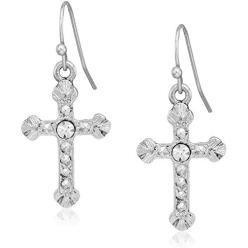 1928 jewelry silver tone crystal accent religious crucifix cross drop earrings