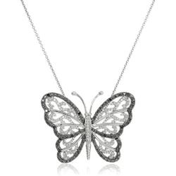 Jewelili Sterling Silver with 1/3 CTTW Black and White Diamond Butterfly Pendant Necklace, 18'' Rolo Chain