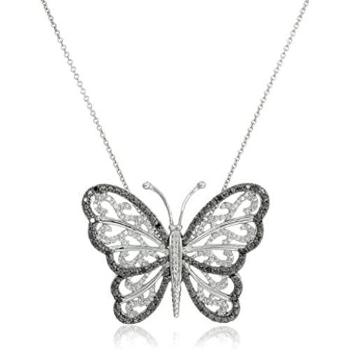 Jewelili Sterling Silver with 1/3 CTTW Black and White Diamond Butterfly Pendant Necklace, 18'' Rolo Chain