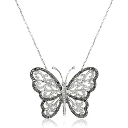 Jewelili Sterling Silver with 1/3 CTTW Black and White Diamond Butterfly Pendant Necklace, 18'' Rolo Chain Jewelili Sterling Silver with 1/3 CTTW Black and White Diamond Butterfly Pendant Necklace, 18'' Rolo Chain