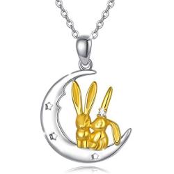 Two Bunny Rabbit in Heart Crescent Moon Pendant Necklace 925 Sterling Silver Cute Animal Rabbit Bunny Jewelry Gifts for Birthday Christmas Easter Mothers Day