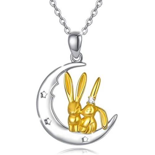 Two Bunny Rabbit in Heart Crescent Moon Pendant Necklace 925 Sterling Silver Cute Animal Rabbit Bunny Jewelry Gifts for Birthday Christmas Easter Mothers Day