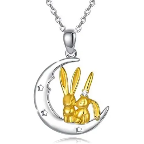 Two Bunny Rabbit in Heart Crescent Moon Pendant Necklace 925 Sterling Silver Cute Animal Rabbit Bunny Jewelry Gifts for Birthday Christmas Easter Mothers Day