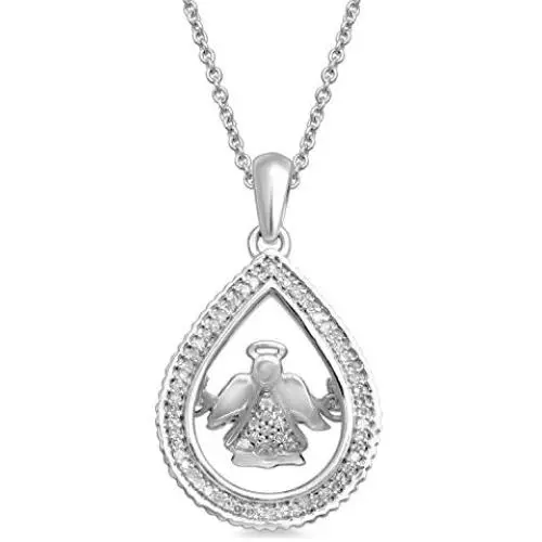 Jewelili Sterling Silver 1/10 Cttw Natural White Round Diamond Teardrop Dancing Angel Pendant Necklace, 18'' Rolo Chain Jewelili Sterling Silver 1/10 Cttw Natural White Round Diamond Teardrop Dancing Angel Pendant Necklace, 18'' Rolo Chain