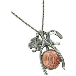 American Coin Treasures Lucky Irish Penny Silvertone Wish Bone Pendant Necklace