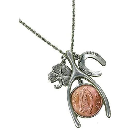 American Coin Treasures Lucky Irish Penny Silvertone Wish Bone Pendant Necklace