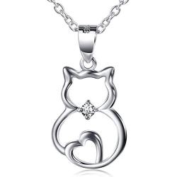 Sterling Silver Cute Cat Lover Gift Cat Pendant Necklace for Women Teen Girls, 18 Inches