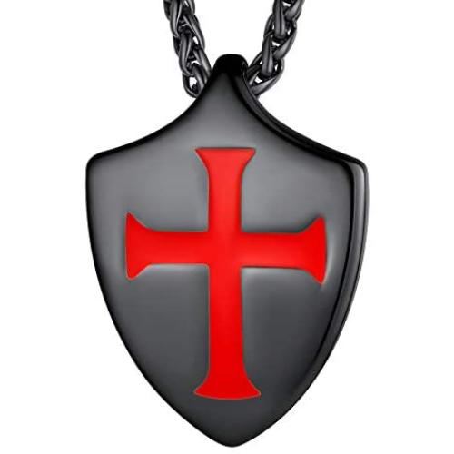 Richsteel Medieval Knights Templar Seal Medallion Saint-Omer Pewter/Cross Shield Necklace for Men Women Stainless Steel/18K Gold Plated/Black Amulet Jewelry(Send Gift Box)
