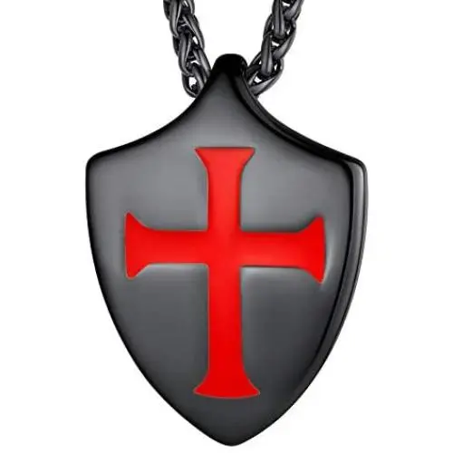 Richsteel Medieval Knights Templar Seal Medallion Saint-Omer Pewter/Cross Shield Necklace for Men Women Stainless Steel/18K Gold Plated/Black Amulet Jewelry(Send Gift Box)