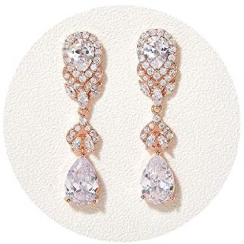 SWEETV Teardrop Wedding Bridal Earrings for Brides Birdesmaids, Crystal Drop Dangle Earrings for Women Wedding Bridal Jewellery, Silver/Rose Gold