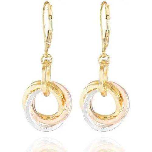 Tricolor Love Knot Everyday Dangle Lever-back Earrings with 925 Sterling Silver and 14K Yellow and Rose Gold-Filled Circles Unique Three Tone Jewelry Gift Idea for Women