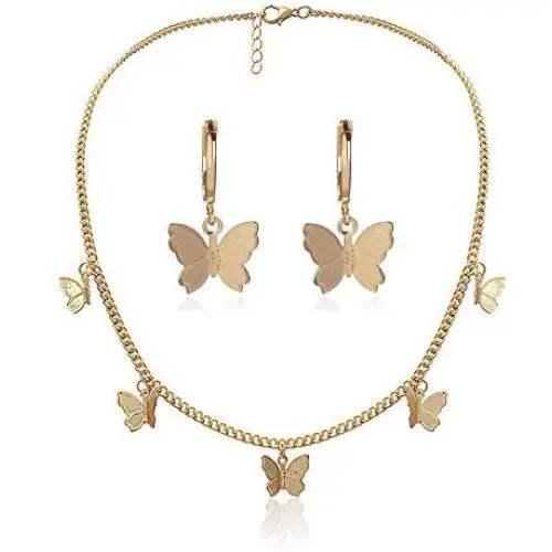 Butterfly Necklace Earrings Set Adjustable Butterfly Chain Choker Dainty Pendant Hoop Earrings Jewelry for Women Girls