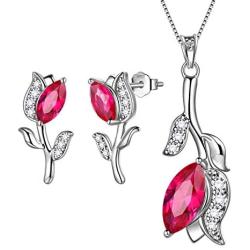 Aurora Tears Rose Flower Necklace/Earrings Sets Women Red Ruby-Stone Tulip July Birthstone Jewelry Sets Crystal Girls Dating Pendant/Studs Sets DS0064R