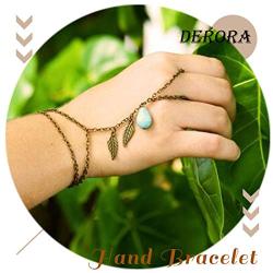 Derora Layered Finger Ring Bracelet Gold Leaf Hand Bracelet Chain Jewelry for Women and Girls