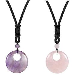 JUNHAN Natural Gemstone Lucky Coin Pendant Necklace for Women Men Reiki Healing Round Donut Crystal Stone Jewelry Adjustable Braided Cord