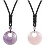 JUNHAN Natural Gemstone Lucky Coin Pendant Necklace for Women Men Reiki Healing Round Donut Crystal Stone Jewelry Adjustable Braided Cord
