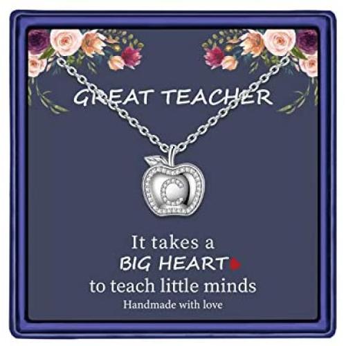MONOOC Teacher Gifts for Women Necklace, 14K White Gold Plated Dainty Apple Necklace for Teacher Best Teacher Necklace Jewelry Thanksgiving Teacher Apprecaition Gifts from Student