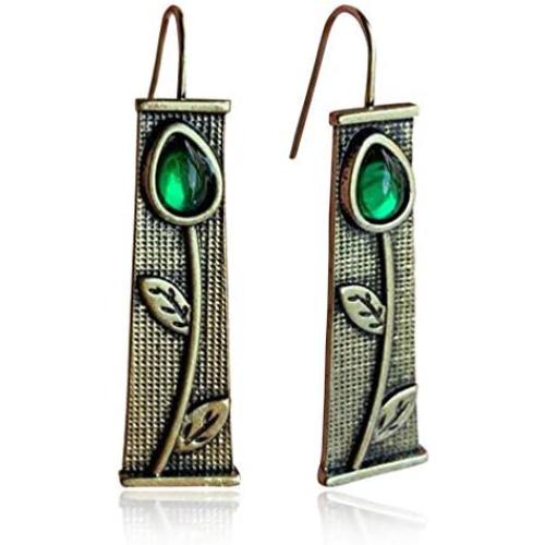 D.Rosse Unique Vintage Silver Handmade Bohemian Enamel Flower Bar Dangle Earrings Chic Green Tulip Geometric Square Drop Earrings for Women Statement Jewelry