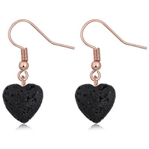 SENFAI 12mm Heart Black Lava-Rock Essential Oil Diffuser Dangle Earrings 3 Tone