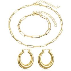 Gold Plated Paperclip Chain Necklace Rectangle Link Chain Bracelet Chunky Open Hoop Earrings Set for Women Jewelry