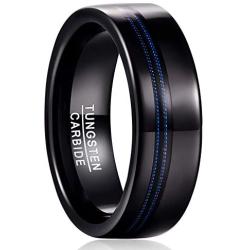 MEILING LINGMEI 8mm Wedding Engagement Rings Inlay Blue Guitar Strings Black Tungsten Rings for Men Women Comfort Fit Size 7-12