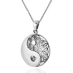 AeraVida Yin Yang Balance Flower of Life .925 Sterling Silver Pendant Necklace