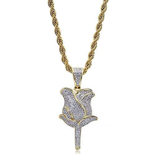 TOPGRILLZ Iced Out Lab Simulated Diamond Bling Bubble Rose Pendant Necklace for Women Men Fashion Valentine Gifts