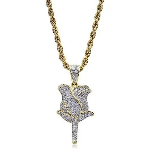 TOPGRILLZ Iced Out Lab Simulated Diamond Bling Bubble Rose Pendant Necklace for Women Men Fashion Valentine Gifts
