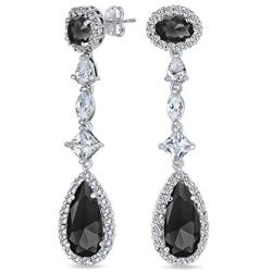 Art Deco Vintage Style Wedding Simulated Gemstone Jewel Colors AAA Cubic Zirconia Halo Long Pear Solitaire Teardrop CZ Statement Dangle Chandelier Earrings For Women Pageant Bridal Party Silver Plated