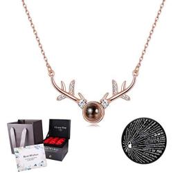 Sllaiss 14K Rose Gold Plated Sterling Silver 100 Languages I Love You Projection Necklace for Women,Deer Antler Pendant Christmas Romantic Love Memory Gift for Her,Sets with Swarovski Zirconia