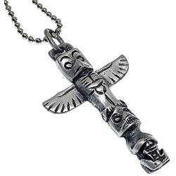 Native American Alaskan Indian Tribal Jewelry Totem Pole Tiki Maori Hawaiian Polynesian African protection amulet Pewter Unisex Boys Mens Pendant Necklace Charm for men w Silver Ball Chain