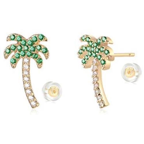 MYEARS Women CZ Stud Earrings Gold Diamond Palm Tree Pineapple Lock Safety Pin Cross Cubic Zirconia Inlay Pave 14K Gold Filled Tiny Boho Beach Simple Delicate Handmade Hypoallergenic Jewelry Gift